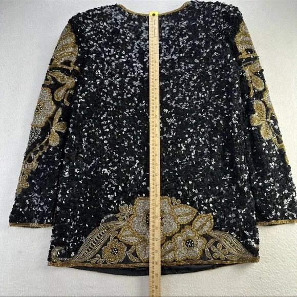 Vintage Night Vogue Black Sequin Silk Jacket Gold Embroidery Formal Sz M - Picture 10 of 10